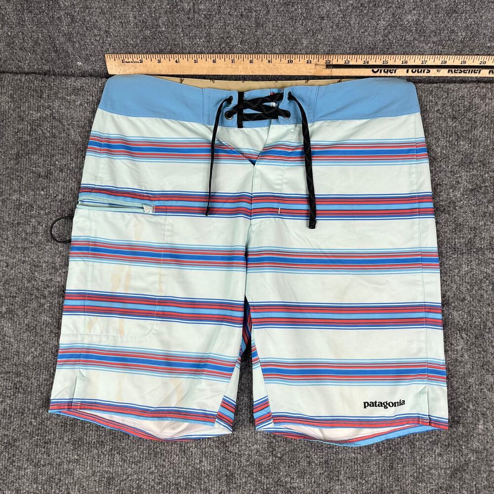 Patagonia Board Shorts Womens Size 30 Blue Striped Swim Surf Drawstring Pocket